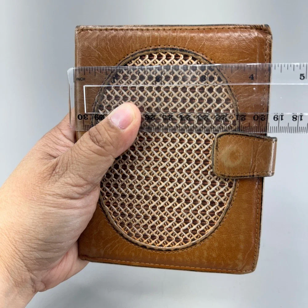 Princess Gardner Bifold Wallet Tan Leather Vintage Woven Kiss Lock